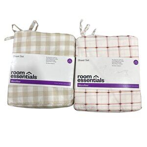 Room Essentials Twin XL Sheet Set Microfiber Beige Checkered & Pink Plaid Patter